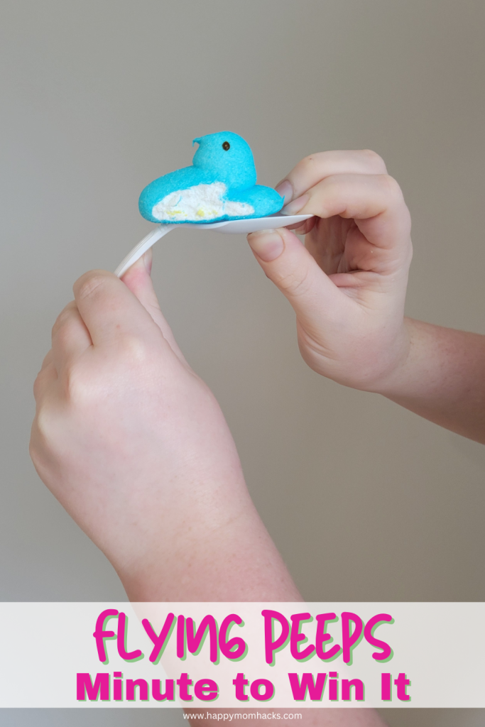 Fun Easter Minute to Win It Game with players using a spoon to fling Easter Peeps across the room. This 60 second challenge is a simple funny Easter game for families. Find 30 hilarious Easter Minute to Win it Game ideas.