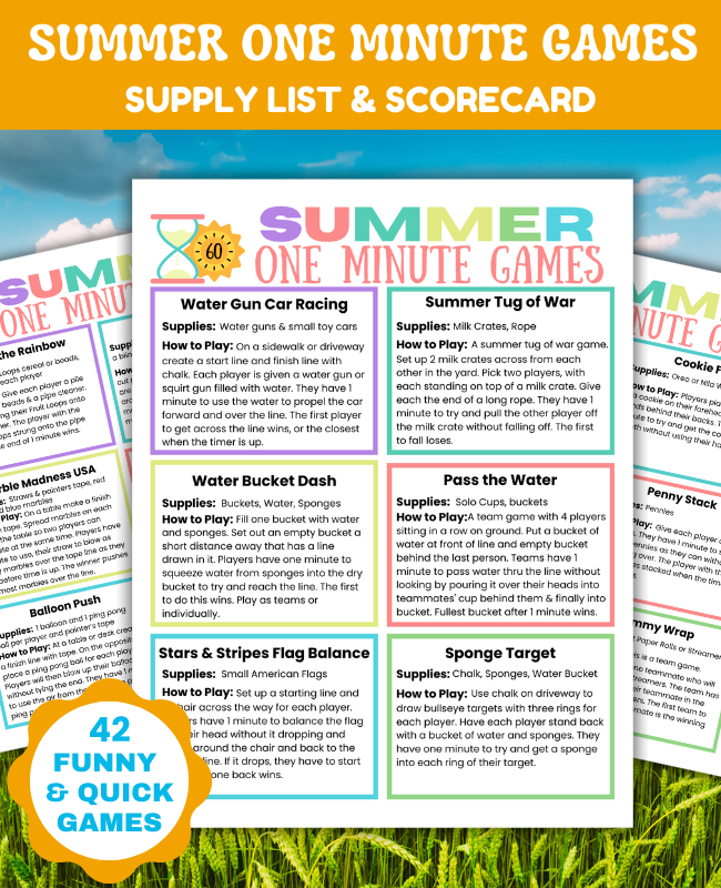 Fun Summer Minute to Win It Games printable instructions on how to play and supplies needed. 42 unique one minute games to play as summer group games for summer parties.