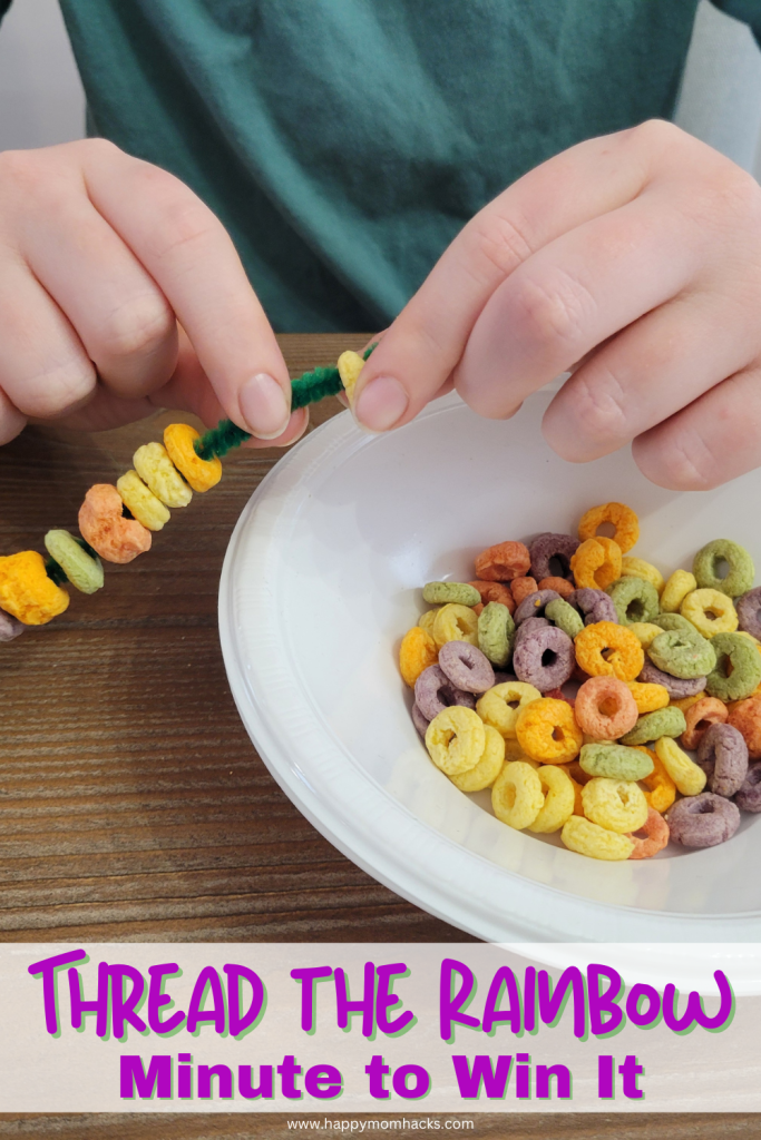 Funny summer game to try and thread the pipe cleaner with fruit loops before 60 seconds time is up. A fun Minute to Win it game for summer party games.