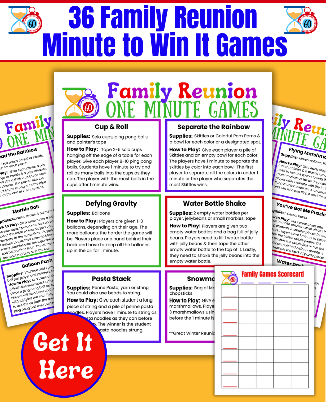 Funny Minute to Win it Games for Family Reunion parties. Printable Family Reunion Game with instructions for how to play and a family games scorecard.