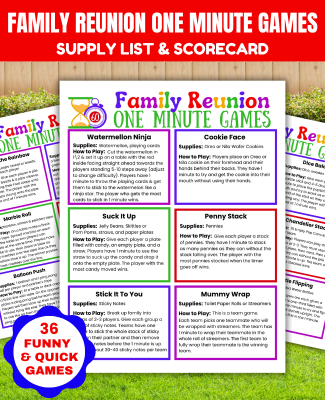 Quick & hilarious One Minute Games for Family Reunion Celebrations. Printable family games with a game directions, supply list and scorecard included. Perfect family reunion games to get everyone talking and laughing.