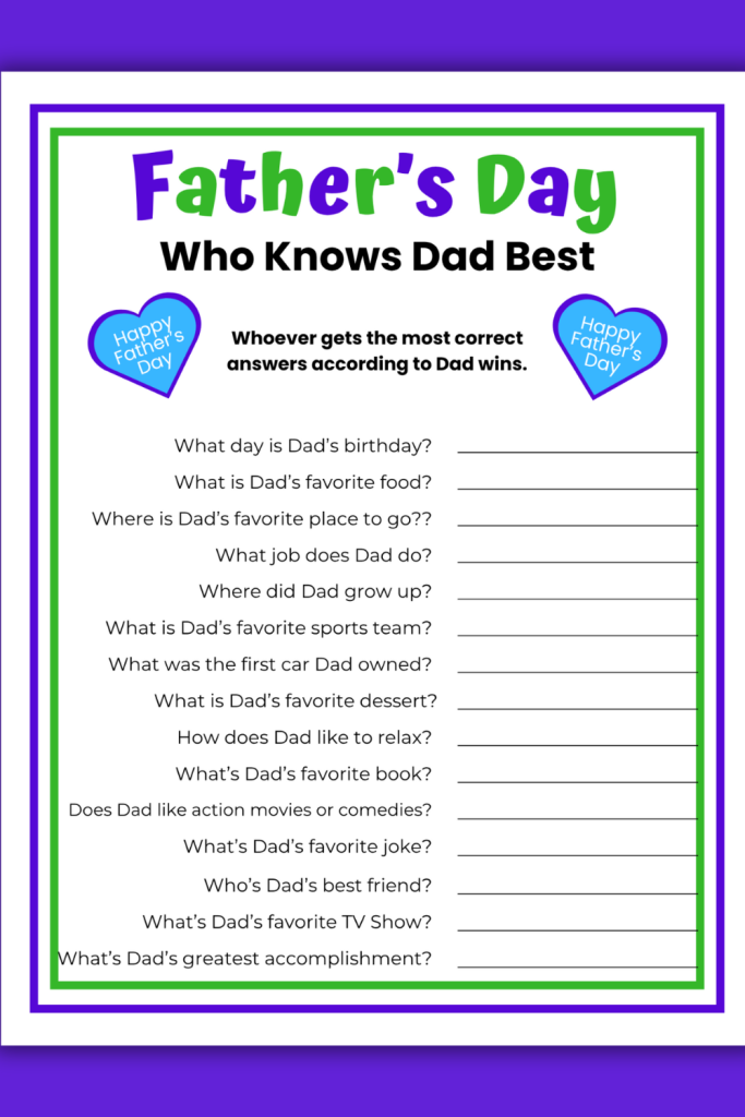 Find out Who Knows Dad Best with this fun Father's Day Game. Get to Know Dad with Trivia questions all about him. An easy printable family game to play at Father's Day parties, BBQs or family picnics. Kids will love trying to answer the trivia Quiz and finding out if they got the answers correct. Just print and play today!