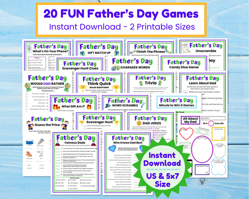 20 Printable Father's Day Games and Activities for kids, tweens, teens, adults and seniors can play togther at your Father's Day Party.