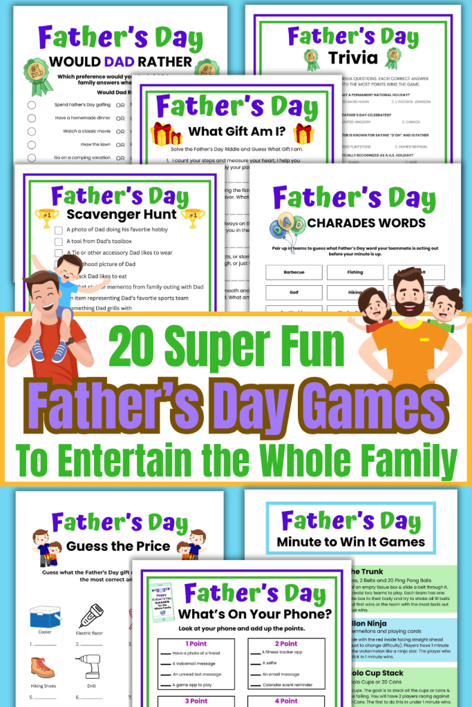 Celebrate Father's Day with fun Father's Day games the whole family can play together. 20 printable Father's Day activities with family games like Minute to Win it Games, Charades, Trivia, Scavenger Hunts, What's on Your Phone, Who Knows Dad Best &more. Plus All About Dad & Grandpa sheets for younger kids. Easy party games that kids, teens & adults can enjoy together at Father's Day BBQs or Brunch.