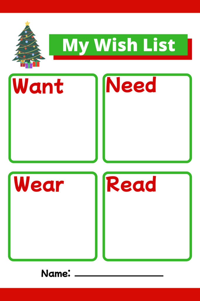 An easy Free printable Christmas wish list to help kids write what Christmas gifts they'd like for Christmas this year.