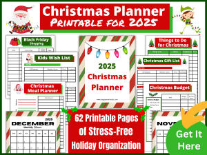 Be ready for the Holidays with the Ultimate 2025 Christmas Planner. 62 organizational pages like Gift lists, calendars, Christmas budget, To Do List, Christmas meal planner, party planner, holiday games and more. Everything you need to be ready for the Christmas Season.