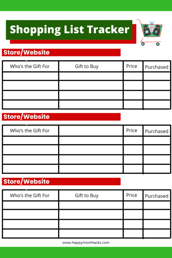 Free Printable Christmas Shopping List Gift tracker to help plan where to buy Christmas gifts this year.
