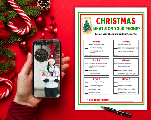 Teen Christmas What's On Your Phone game that teenagers love. They'll get points for all the matching Christmas items and apps they have on their iphone.