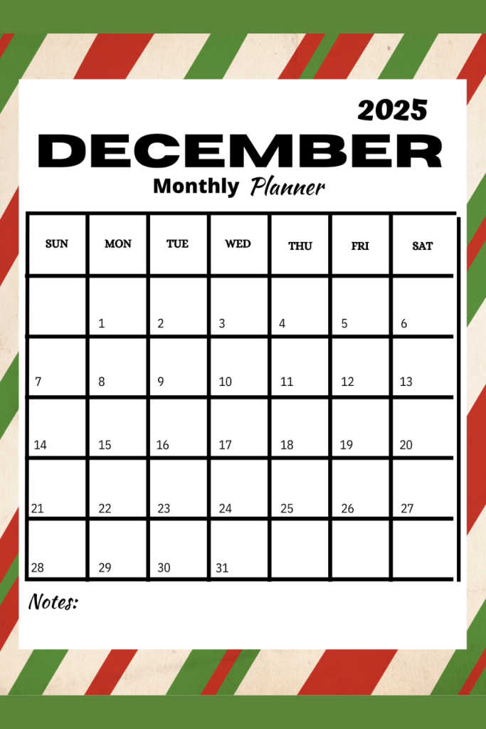 Printable December 2025 calendar to help plan your Christmas activities and to do list in December.