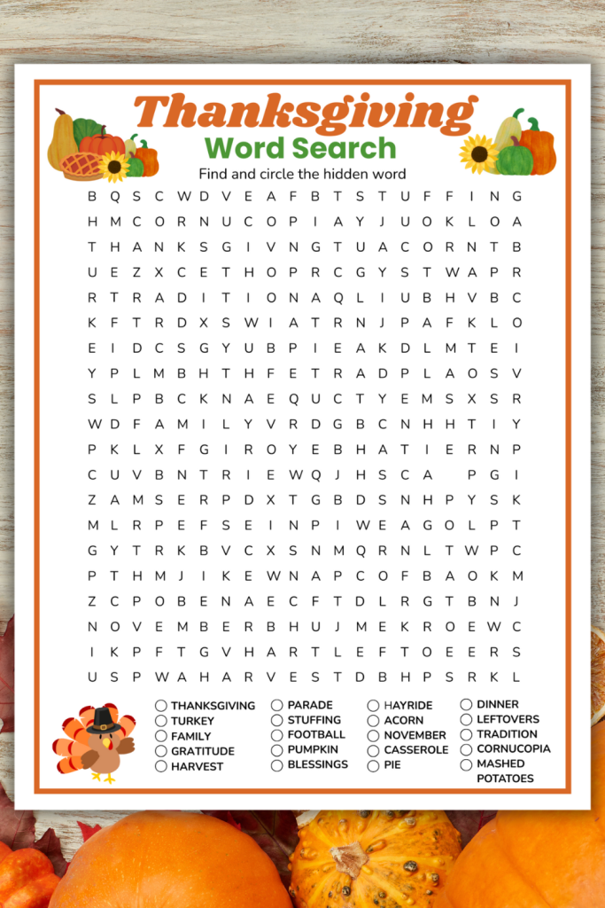 Challenge friends & family to a Printable Thanksgiving Word Search for adults this Autumn season. It includes a fall word search puzzle & answer key, making it an easy & fun Thanksgiving game to play on Thanksgiving Day, as Friendsgiving games, senior games, work party games, family game nights, or fall gatherings. Download, print, and play this fall game today and be ready for Thanksgiving celebrations!