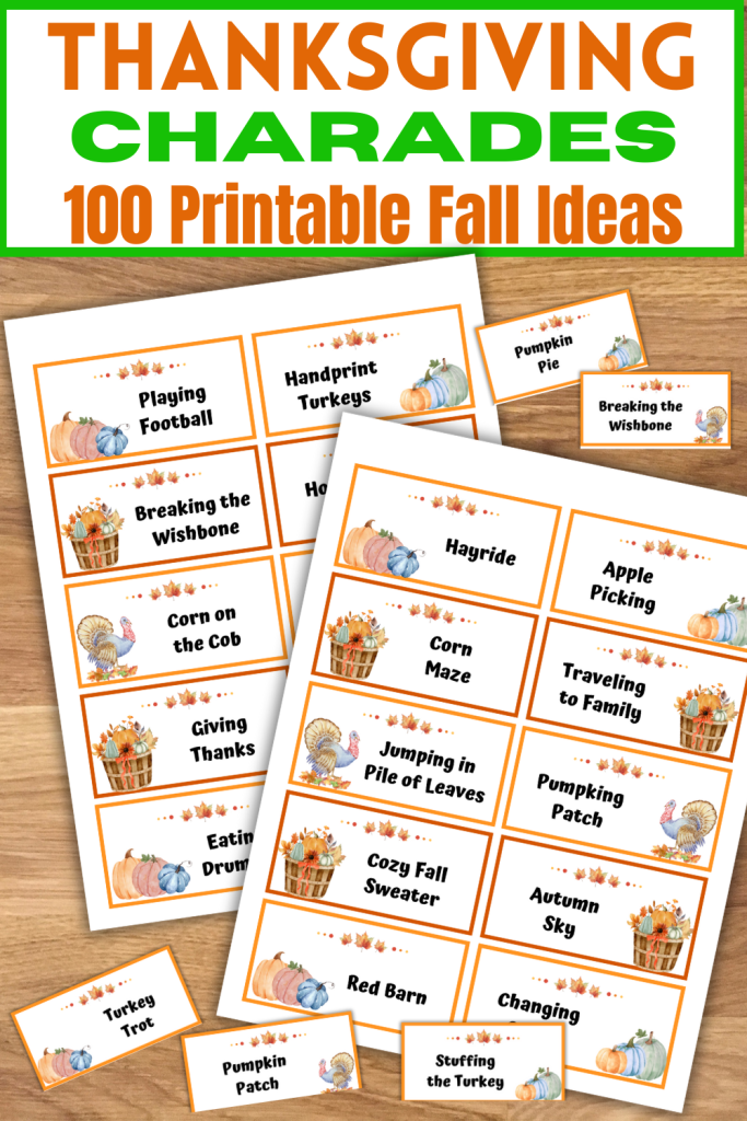 Hilarious printable Thanksgiving Charades Game with 100 Thanksgiving word ideas on word cards. A fun Thanksgiving game for families on Thanksgiving Day or friends as Friendsgiving games. Use this fun ice breaker game to get kids, teens & adults talking and laughing as they act out these funny Thanksgiving words & phrases. Just download, print & play the today!