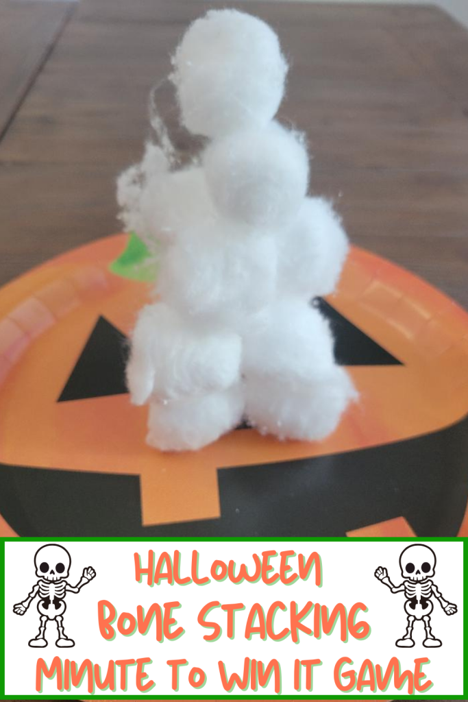 Stack cotton balls in this fun Halloween Minute to win It Bone stacking game. Try to stack as many cotton balls up as you can in this 60 second challenge. A fun halloween party game, Halloween classroom game or family game night in October for all ages.