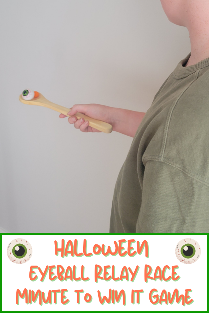 Fun Halloween Relay Race Minute to Win it Game that will have kids, teens and adults competing to run with a ping pong ball on wooden spoon. A funny 60 second challenge for Halloween parties, classroom parties, family game nights and any Halloween gatherings.