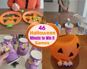 Funny Halloween Minute to Win it Games for Kids, Teens and Adults to play at Halloween Parties. Players try to beat the clock in these 60 Second Challenges the perfect group games for Halloween parties, classroom parties, office parties, youth groups, teen parties or family game nights.