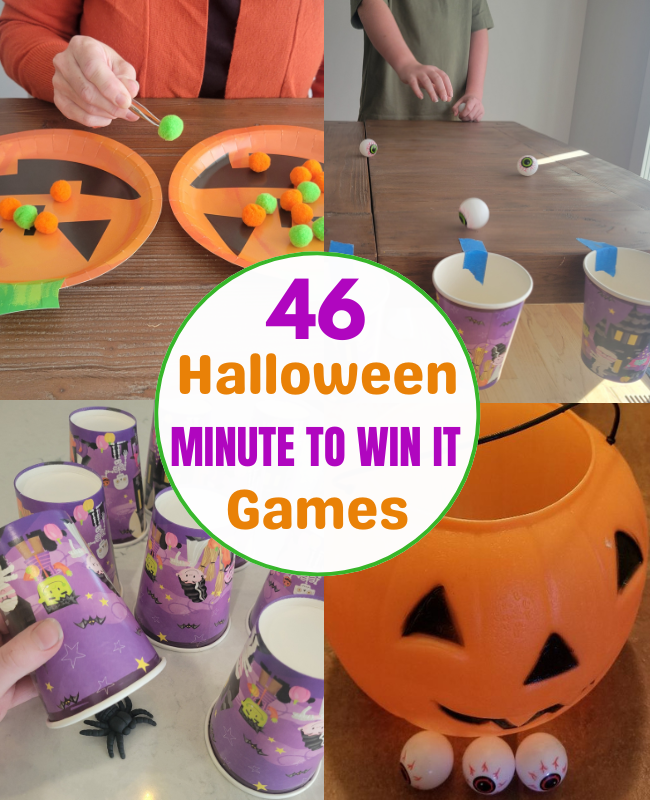 Hilarious Minute to Win It Halloween games with 46 unique 60 second challenges that kids, teens and adult have a blast playing. The perfect Halloween games for Halloween parties, Classroom parties, Office parties, youth groups, teen parties and family game nights.