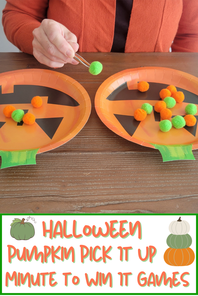60 Second Halloween Pumpkin game challenging kids, teens and adults to use a tweezers to more orange pom poms from one plate to another. One of 46 hilarious Halloween Minute to Win games to play at Halloween Parties, Classroom parties, Office parties, youth group events and family game nights in October.