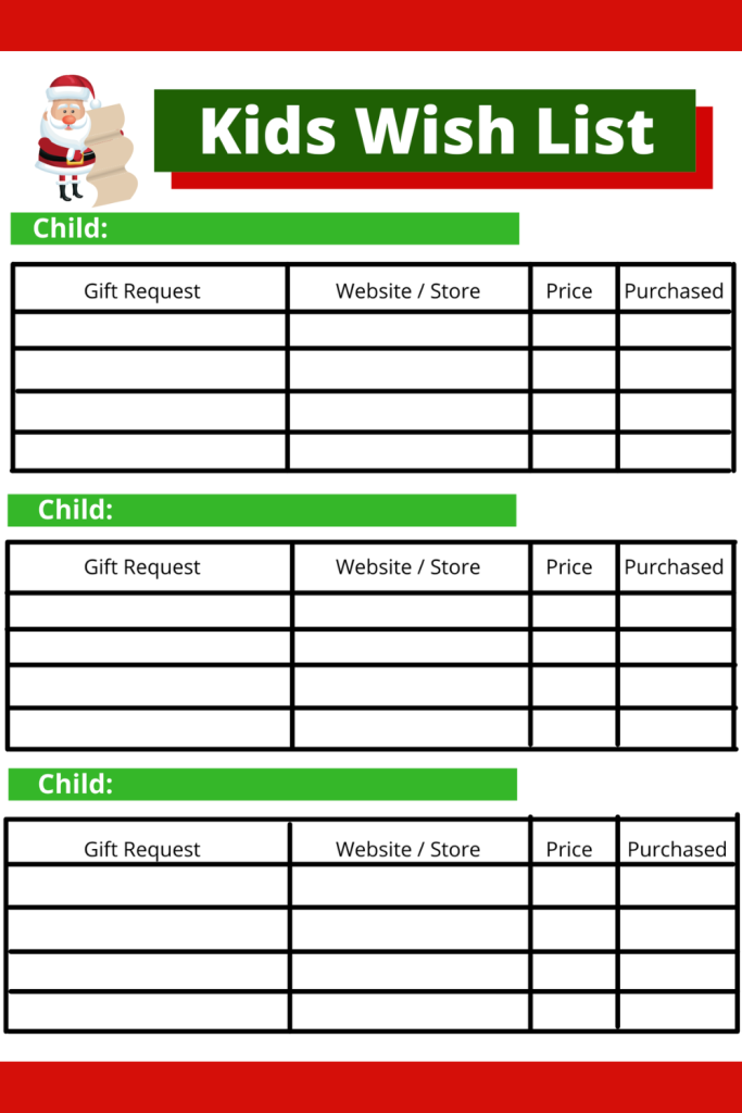 Plan your Christmas gifts with a printable Kids Wish List. Include all the gifts kids want, where to buy gifts, price and if you've purchased. A simple way to get your holiday gifts organized this year.