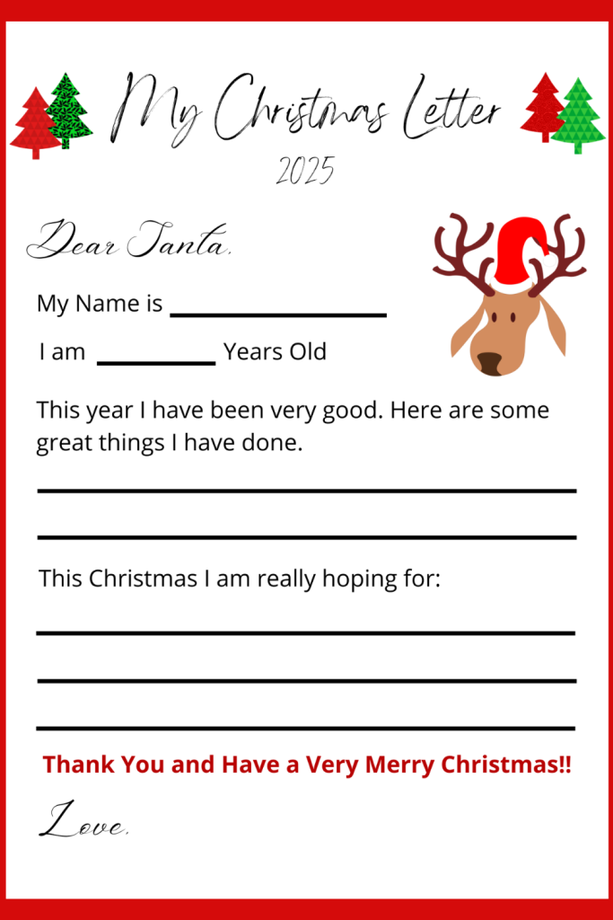 Free Printable Dear Santa Letter from kids to Santa Claus. An easy wish list with fill in the blank Christmas Letter to Santa for 2025.