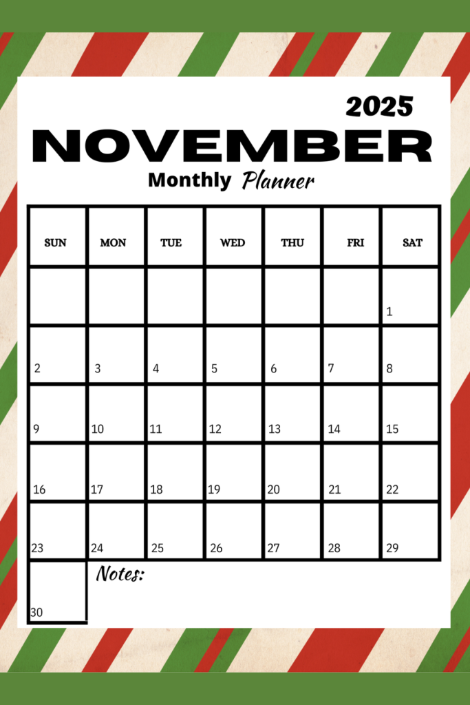 Printable November 2025 calendar to help organized your holiday activities and events in November.
