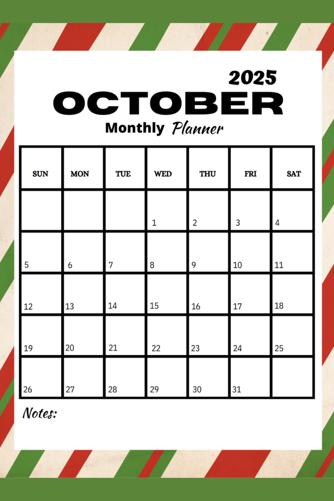 Printable October 2025 calendar to track all your holiday activities in October.