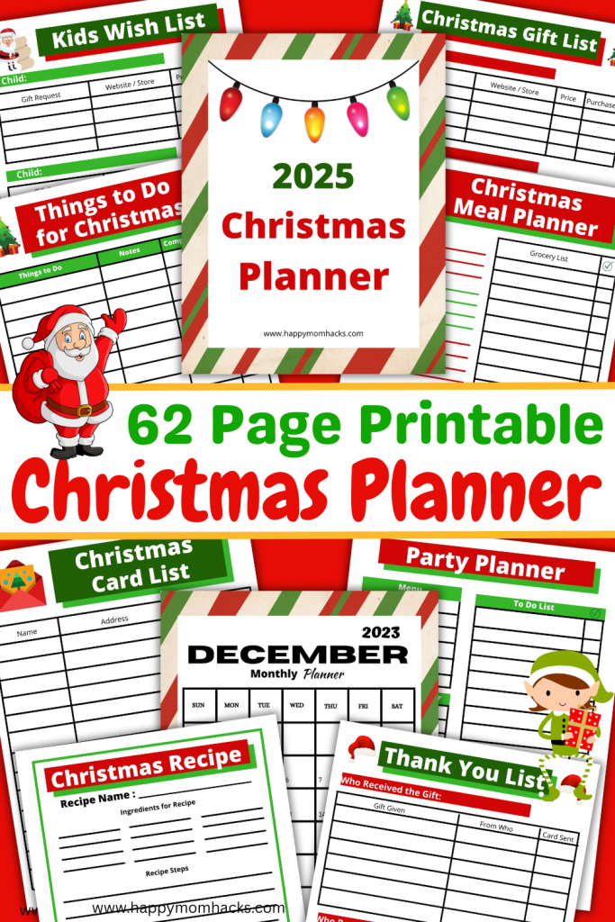 Be ready for the Christmas season with this 2025 Printable Christmas Planner. 62 pages of holiday organization printables including, Calendars, daily, weekly and monthly planners, To Do Lists, Christmas Budget, Wish Lists, Christmas Card List, Gift lists, Thanks You List, Meal Planner, party planner, Things to Do list and more. Plus bonus Christmas games for families. Everything you need to take the stress out of the holiday season and be ready for all your Christmas celebrations. Just print and start planning today!!