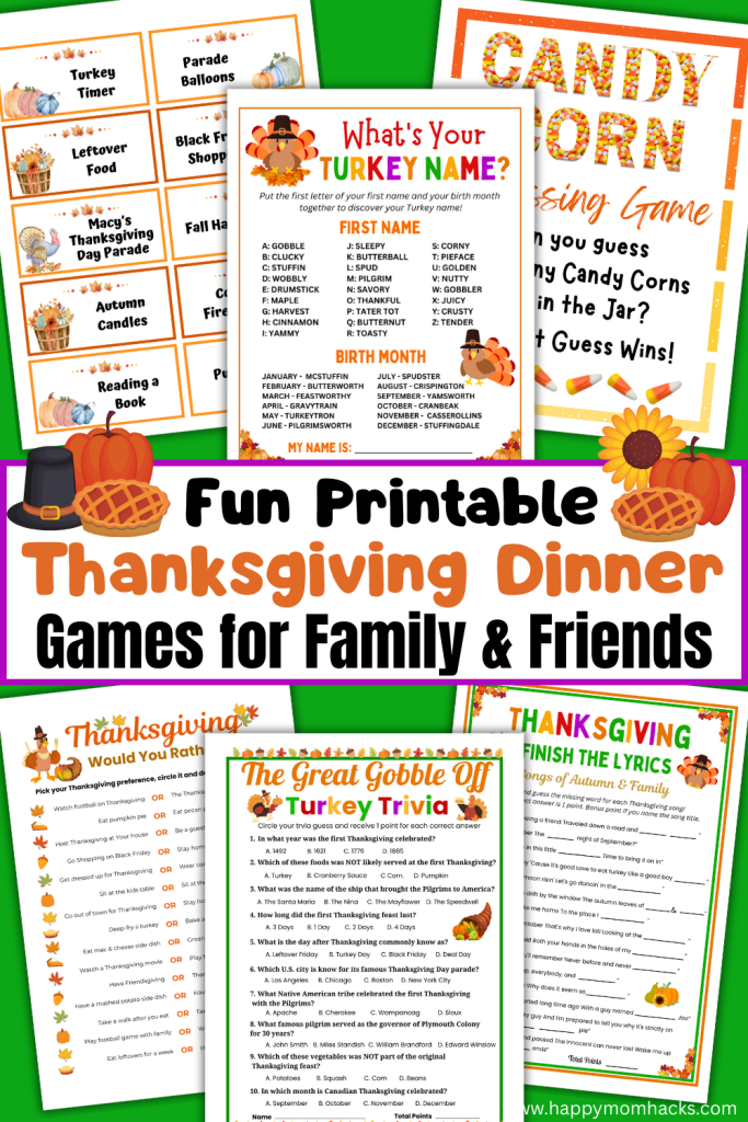 Printable Thanksgiving Dinner Games for Family & Friends to play at the table. Fun Thanksgiving game ideas like Thanksgiving Trivia, Finish the Lyrics, Charades, Would You Rather, What's Your Turkey Name & more. The perfect conversation starters to get everyone talking before or after Thanksgiving Dinner or at Friendsgiving Dinner. Just download print and play today!