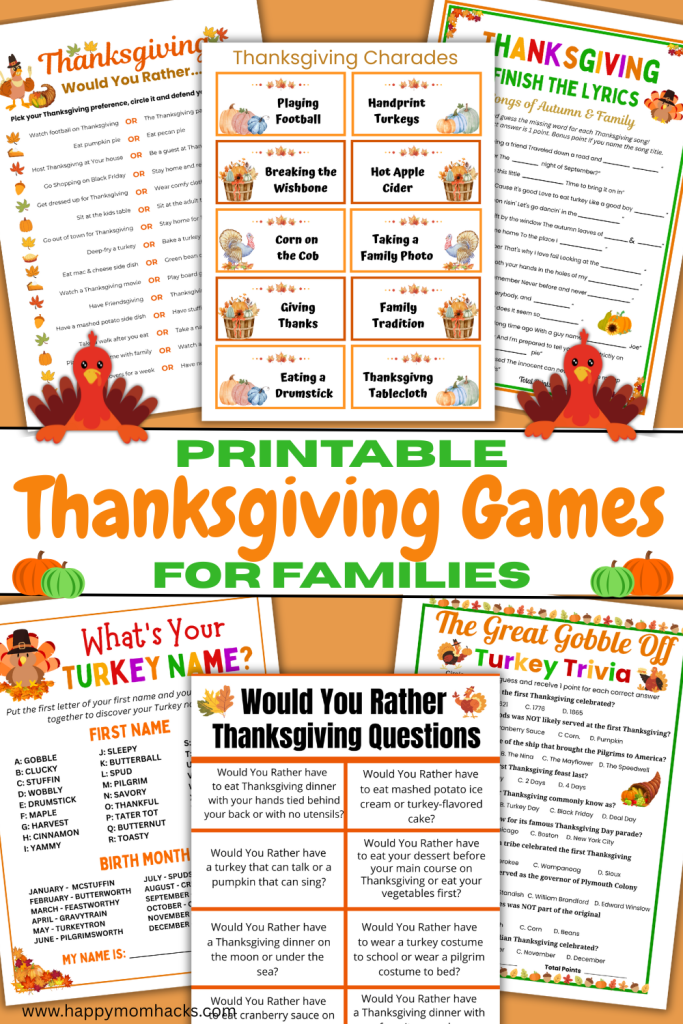 Fun Printable Thanksgiving Games to play with Family & Friends at Thanksgiving Dinner. Great icebreaker games for kids, teens and adults to get every talking. Party games like Thanksgiving Trivia, What's Your Turkey Name, Would You Rather, Thanksgiving Charades and more. Grab these print and play family games today and be ready for a fun Thanksgiving Day laughing and talking with relatives.