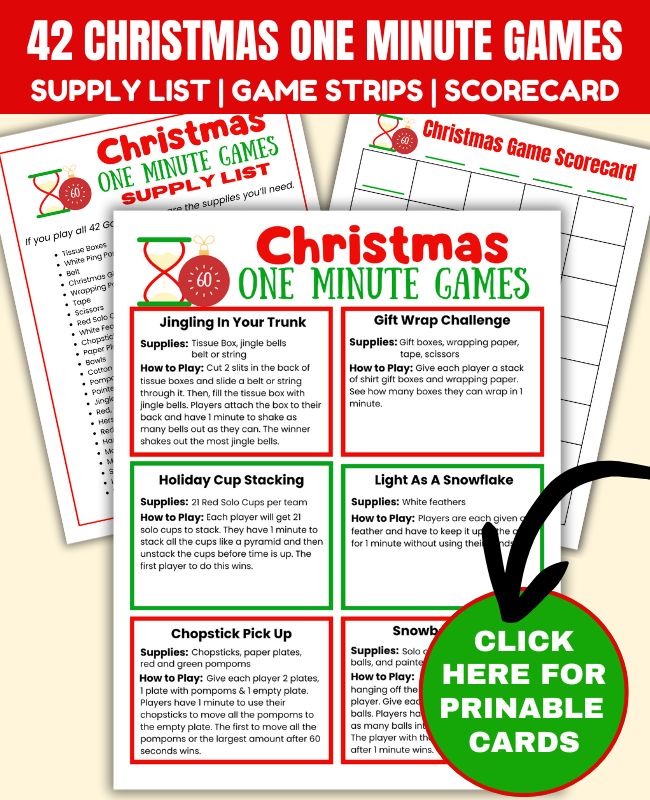 Fun Christmas Minute to Win It Games with 42 printable Christmas game cards with instructios, supply list, scorecard and game strip ideas. Fun Christmas party games with 60 second challenges for kids, teens and adults.