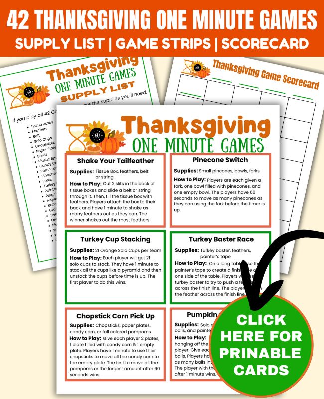Funny Thanksgiving Minute to Win It Games with 42 printable Thanksgiving one minute game ideas. Fun Thanksgiving party games for Thanksgiving day with family, friendsgiving parties, classroom parties, office parties and teen youth groups. Quick and hilarious 60 second challenges on easy to follow printable game cards.