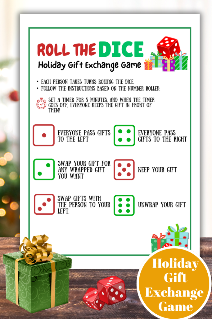 Play Roll the Dice Game at your next Christmas Gift Exchange with kids, teens & adults. A super fun dice game for your holiday gift swap at White Elephant parties, Family Christmas parties or Ugly Sweater parties. Easy to play with the printable dice game rules to let players know if they'll pass the gift, swap the gift or keep the gift. This fun Holiday party game is sure to become your new Christmas tradition. Check it out and learn how simple it is to play!