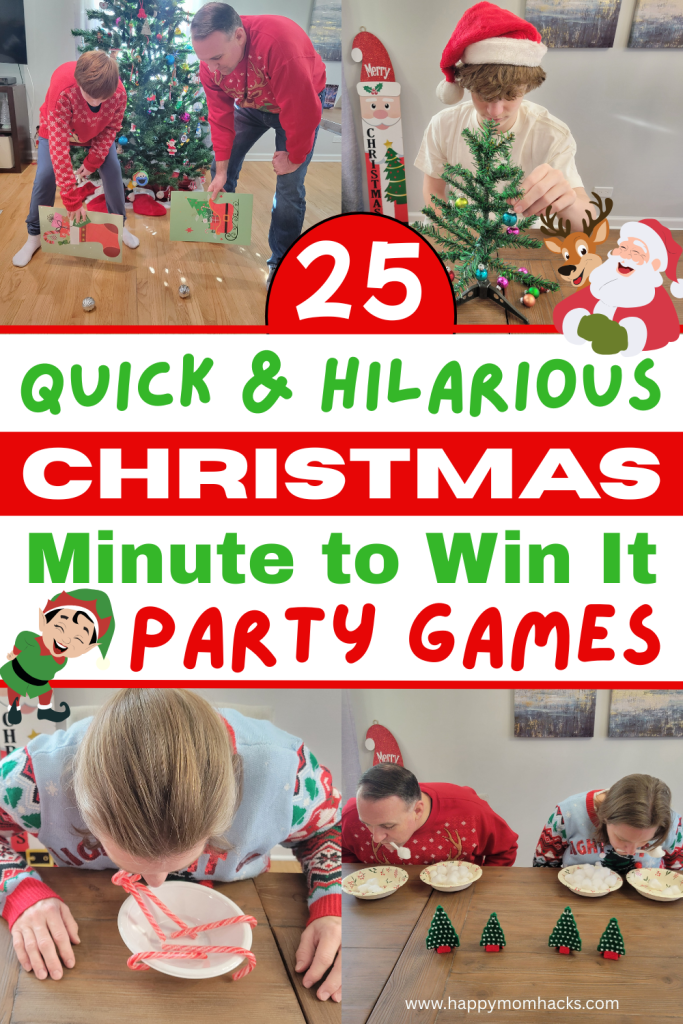 Hilarious Minute to Win it Games for Christmas parties that kids, teens & adults will have a blast playing. 25 Quick 60 second challenges with Christmas themes to play at Family Christmas parties, Ugly Sweater Parties, Games for Classrooms, teen Youth Groups, Holiday office parties, or family game nights. Easy group party game ideas that all ages can play together, making them the perfect Holiday party games!