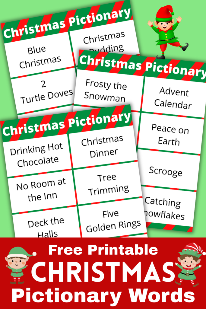 Free Printable Christmas Pictionary Words list and Pictionary game cards. A hilarious Christmas game for families. Kids, teens & adults will have a blast playing this super easy Christmas party game. Just print out the Pictionary ideas, gather your family & play on Christmas Day, Christmas Eve, or at Christmas parties all season long.