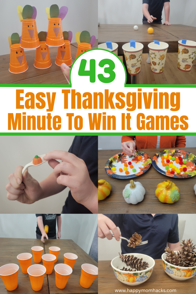 Hilarious Minute to Win It Thanksgiving games for kids, teens and adults. 43 unique 60 second challenges created with items you have at home. Quick group games to play on Thanksgiving Day, as Friendsgiving games, classroom games, work games, holiday party gams, family game nights or teen party games. Check out these fun Thanksgiving games and be ready to entertain friends and family at Thanksgiving dinner.