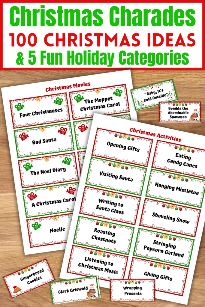 Play this fun Christmas Charades game with 100 printable Christmas Act it or Draw it cards at your next Christmas party. A hilarious Christmas game for kids, teens & adults with 5 categories of Holiday themes. Play it as a family Christmas game, at Holiday Office parties, as classroom party games, teen Christmas games, or as Ugly Sweater Party games. All ages will have a blast playing this funny Holiday Party Game.