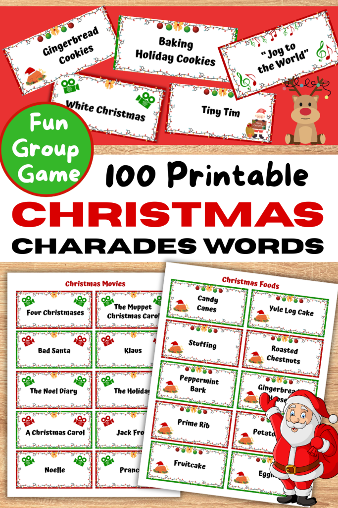 Fun Christmas charades game for groups that Kids, Teens and Adutls will have a blast acting out. 100 Printable Charades ideas with 5 word categories to play at Christmas parties, classroom holiday parties, teen holiday parties, adult game nights, and family Christmas games on Christmas Eve or Christmas Day. Just print out the holiday word ideas and you're ready to play. It's the easiest Christmas Party game!!