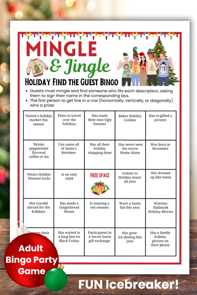 Grab this Printable Christmas Find the Guest Bingo game to get everyone at your Christmas Party talking & laughing. The funny Icebreaker questions will help your friends & family mix and mingle and get to know each other. Fun conversation starter game for adults. Play this easy group game at Ugly Sweater Parties, White Elephant parties, Family Christmas parties, Holiday Parties or Office parties. Just download, print, and play today!