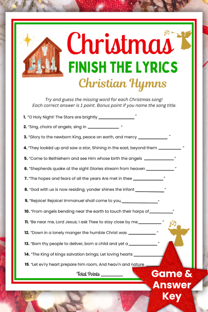 This printable Christmas Finish the Lyrics game with Christian Hymns is the perfect Christmas Church Game. See who knows their Christmas Songs best with an easy Christmas Quiz filled with Christian music lyrics and answer key. A great group game or icebreaker game for teen youth groups, bible study groups, children's ministry, kids' religious education, or Sunday School games. Kids, Teens, & Adults will love singing along and playing the Christmas song game!