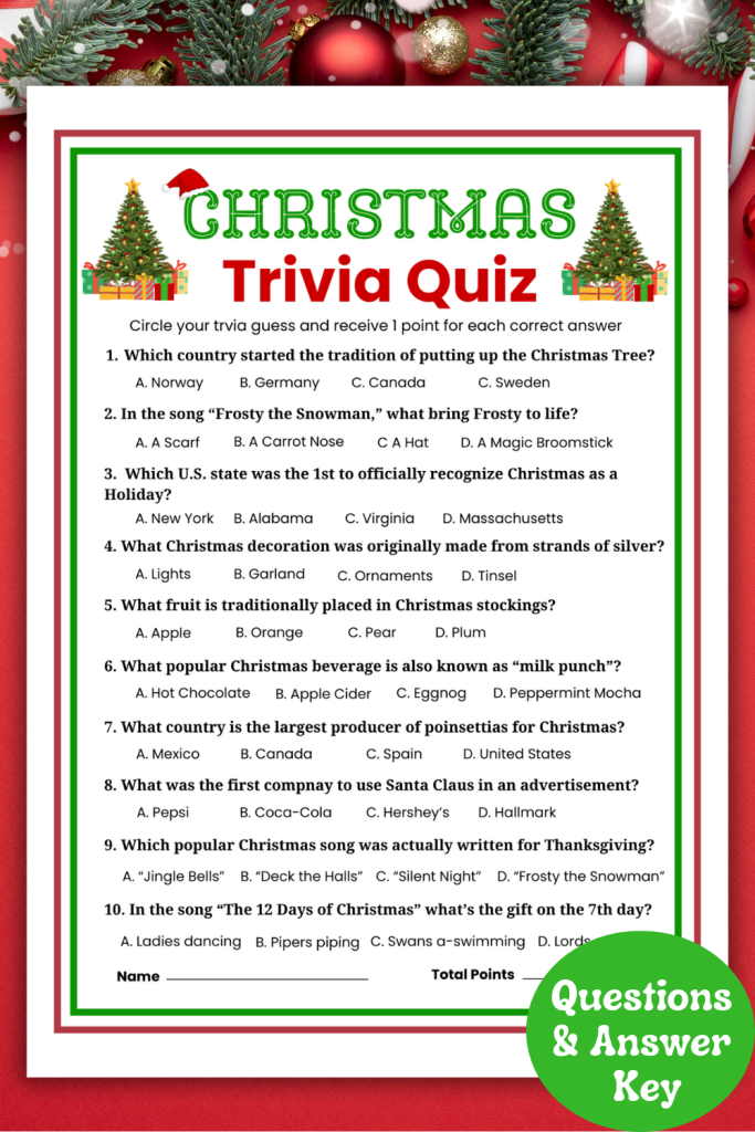 Challenge friends & family to a Christmas Trivia Quiz with multiple choice Questions and answers. A fun and easy Christmas trivia game for adults, kids & teens that you can print and play today! Great holiday party game for family Christmas parties, classroom games, teen youth groups, adult Christmas parties, Ugly sweater parties, or Christmas Eve games at home. Grab this printable Christmas game and be ready for a fun Trivia Night!