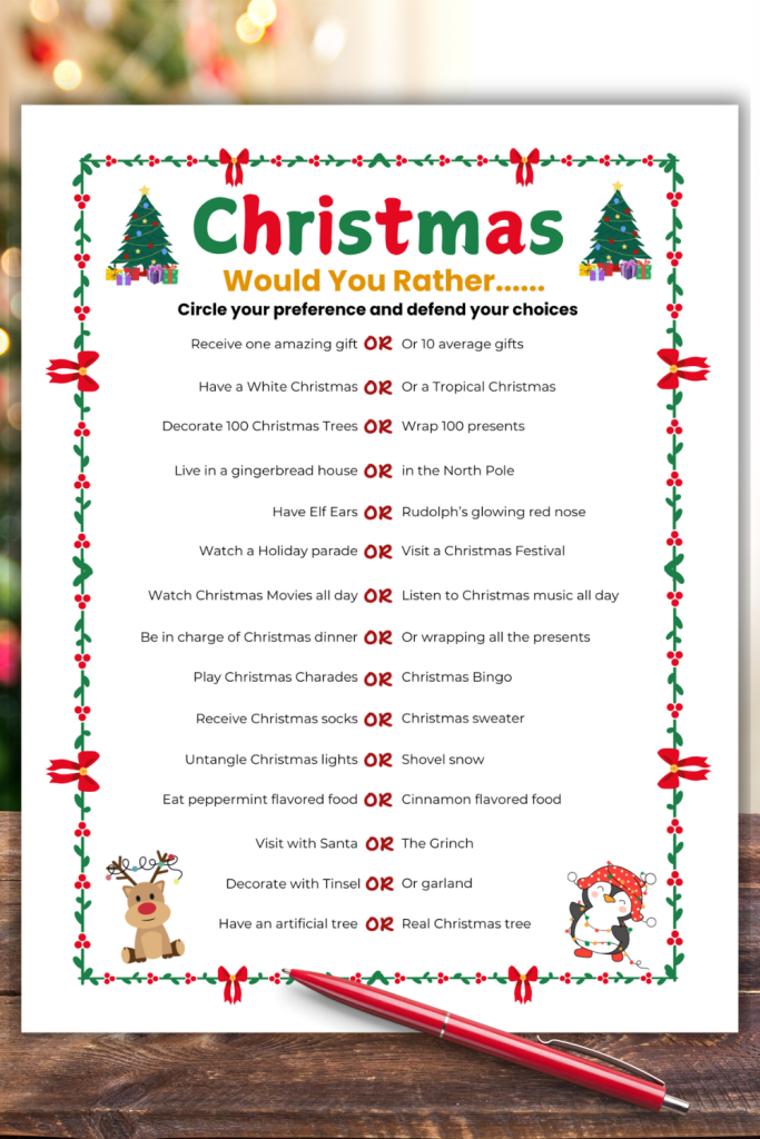 Fun Christmas Would You Rather Questions to play as a fun icebreaker game at Christmas parties with adults. Perfect conversation starters for holiday office parties, Christmas parties, Ugly Sweater parties and family Christmas parties. Get friends and family talking, debating and laughing with this funny Holiday would you rather game. Just download, print and play today!