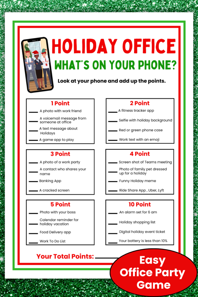 Compete with coworkers in this Holiday What's On Your Phone office party game. A fun holiday themed phone scavenger hunt game idea for office Christmas parties, holiday staff meetings or team bulding exersizes during the holidays. An easy to play work game you can just download print and play today!