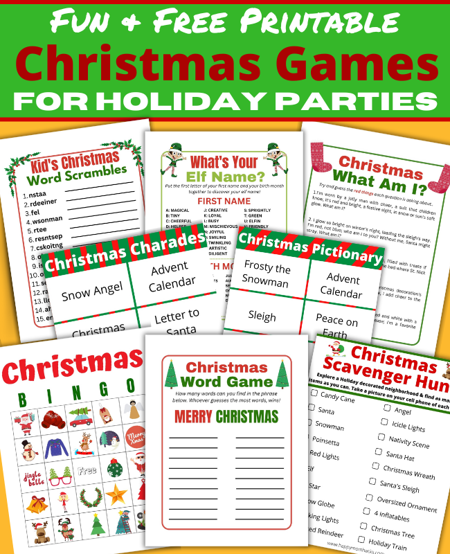 Free printable Christmas Games for holiday parties. 12 fun holiday party games you can just print and play with Christmas Family Feud, Trivia, This or that, Christmas Bingo, Charades, Pictionary, Scavenger Hunts, Would You Rather Questions and more.