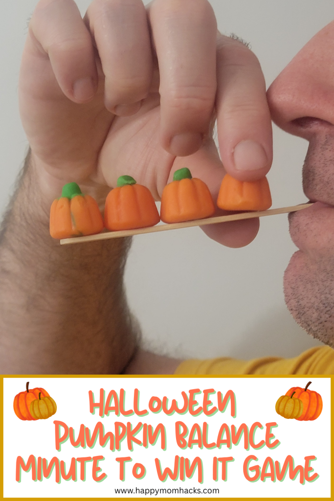 Halloween Minute to Win it Pumpkin balance game for kids, teens and adults. A fun halloween party game to play at Halloween parties, classroom parties, Adult halloween game nights and teen parties.