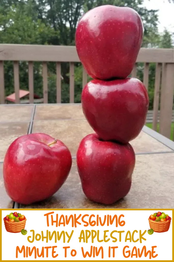 A Thanksgiving Minute to Win it Challenge to stack apples as high as you can in 60 seconds. Fun Thanksgiving game on Thanksgiving Day, Classroom game, or family game night.