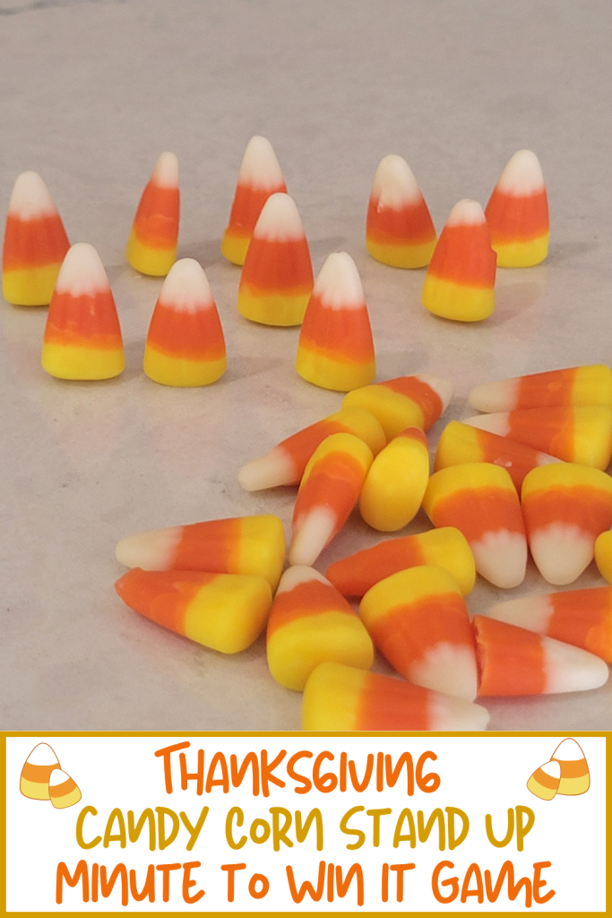Challenge friends & family to a Candy Corn Stand Up Minute to Win it Game for Thanksgiving. A funny Thanksgiving game for Thanksgiving Day, classroom games, office party games or family game nights. Try and stand up as many candy corn pieces as you can in 60 seconds.