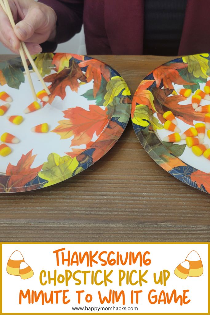 Fun Candy Corn game using chopsticks to move candy from one plate to another. A quick minute to win it game that challenges kids, teens and adults on Thanksgiving Day. A fun Thanksgiving game everyone will enjoy playing.
