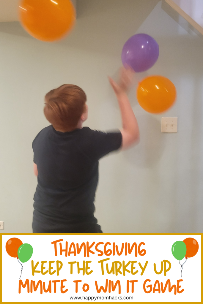 Balloon Keep It Up Thanksgiving Mintue to Win It Challange. A fun Thanksgiving game ideas for Thanksgiving day, Friendsgiving parties, classroom parties or family game nights at home. All you need are cheap balloons and you're ready to play!