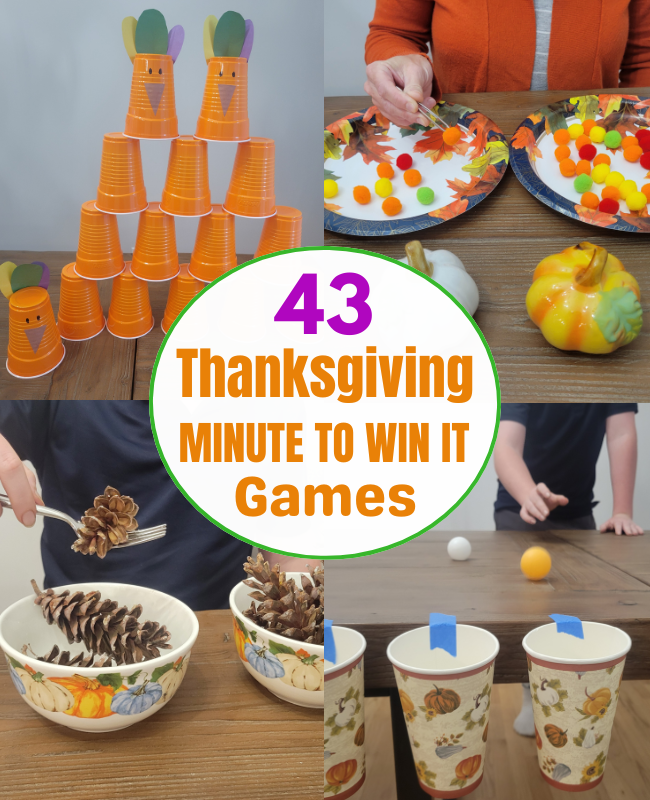 Fun Thanksgiving Minute to Win It Games for kids, teens and adults. Fun Family Thanksgiving Day games with quick 60 second challenges.