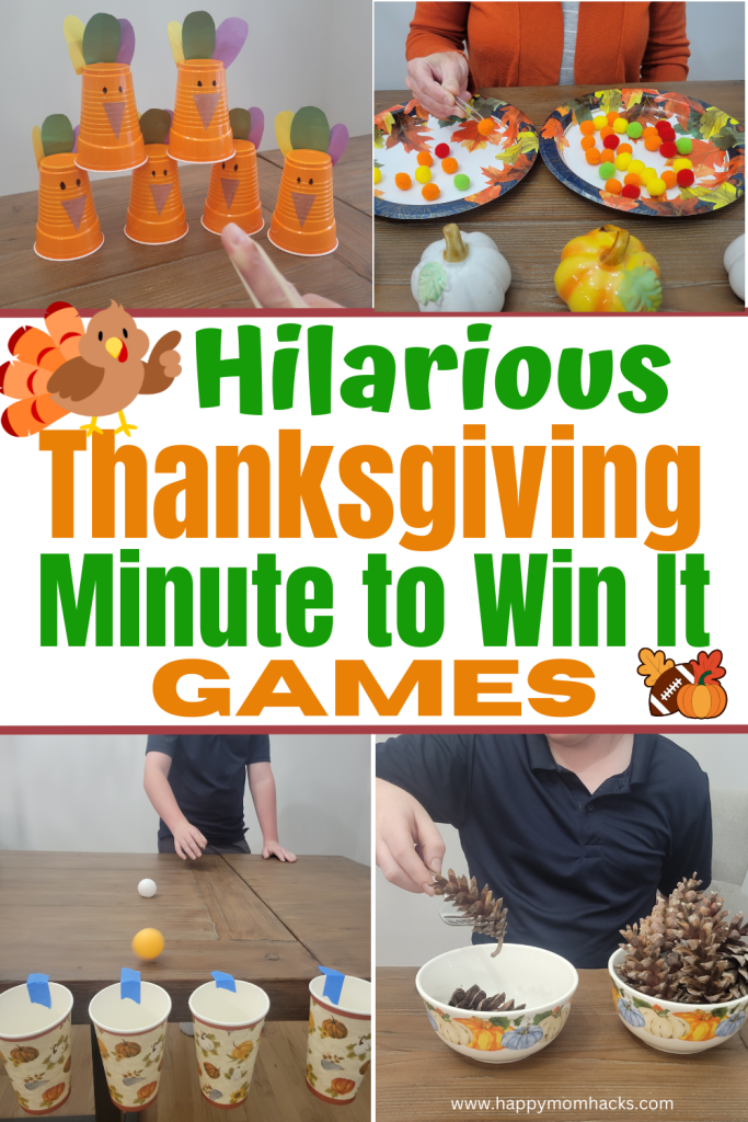Funny Minute to Win It Thanksgiving Games kids, teens & adults will love. 43 quick & easy 60 second challenges. Group games for families on Thanksgiving Day, Friendsgiving games, office games, classroom games, teen party games and family game nights. Create these fun Thanksgiving games with items you have at home!
