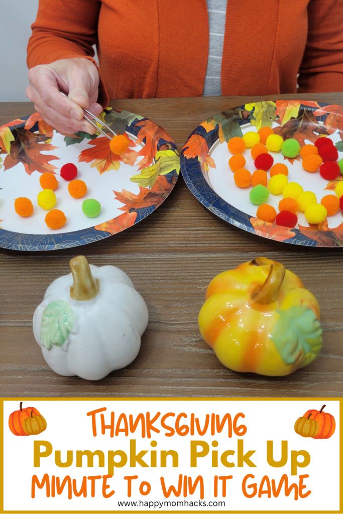 Pumpkin Pick up Thanksgiving Minute to Win it game challenges friends and family to use a tweezers to pick up pompoms and move to another plate. Quick 60 second challenge that perfect for friendsgiving parties, classroom parties or playing as a Thanksgiving dinner game.