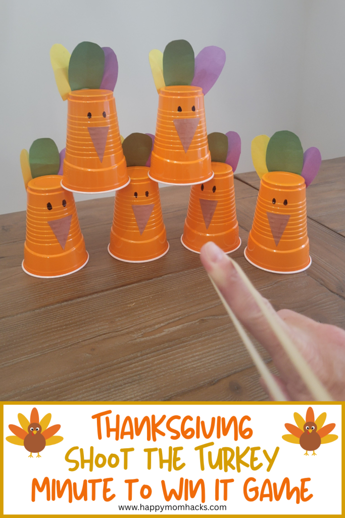 Quick Thanksgiving 60 second challenge to knock down Turkey cups with a rubber band. A fun thanksgiving party game with family and friends.